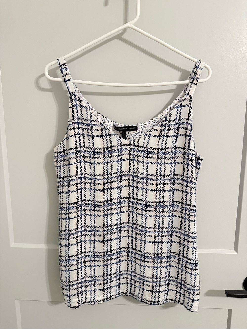 White House Black Market Small Abstract Print Sleeveless Blouse Blue Ivory Lined